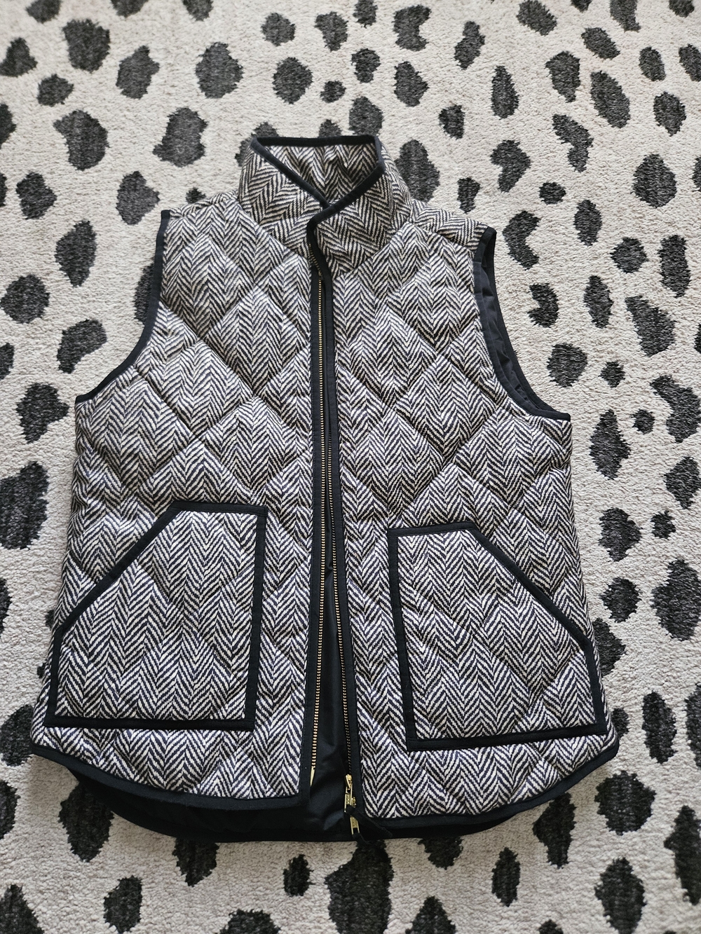 J. Crew Black & Beige Herringbone Quilted Vest